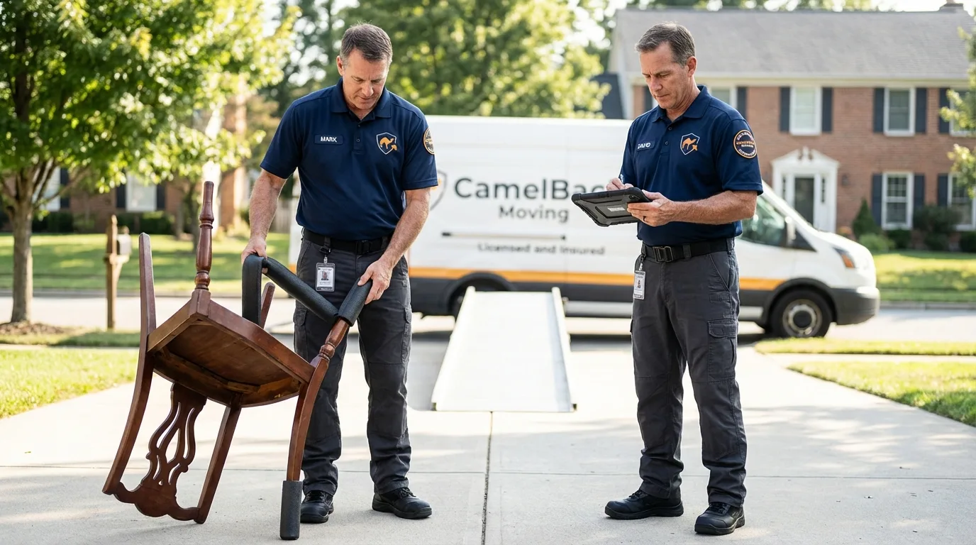 Movers inspecting furniture for damage prevention before loading in Rainbow City, AL